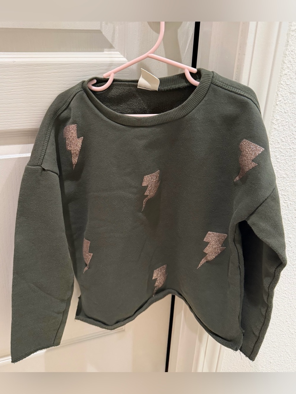 Zara Olive Green Kids Sweatshirt with Glitter Lightning Bolts Size 9